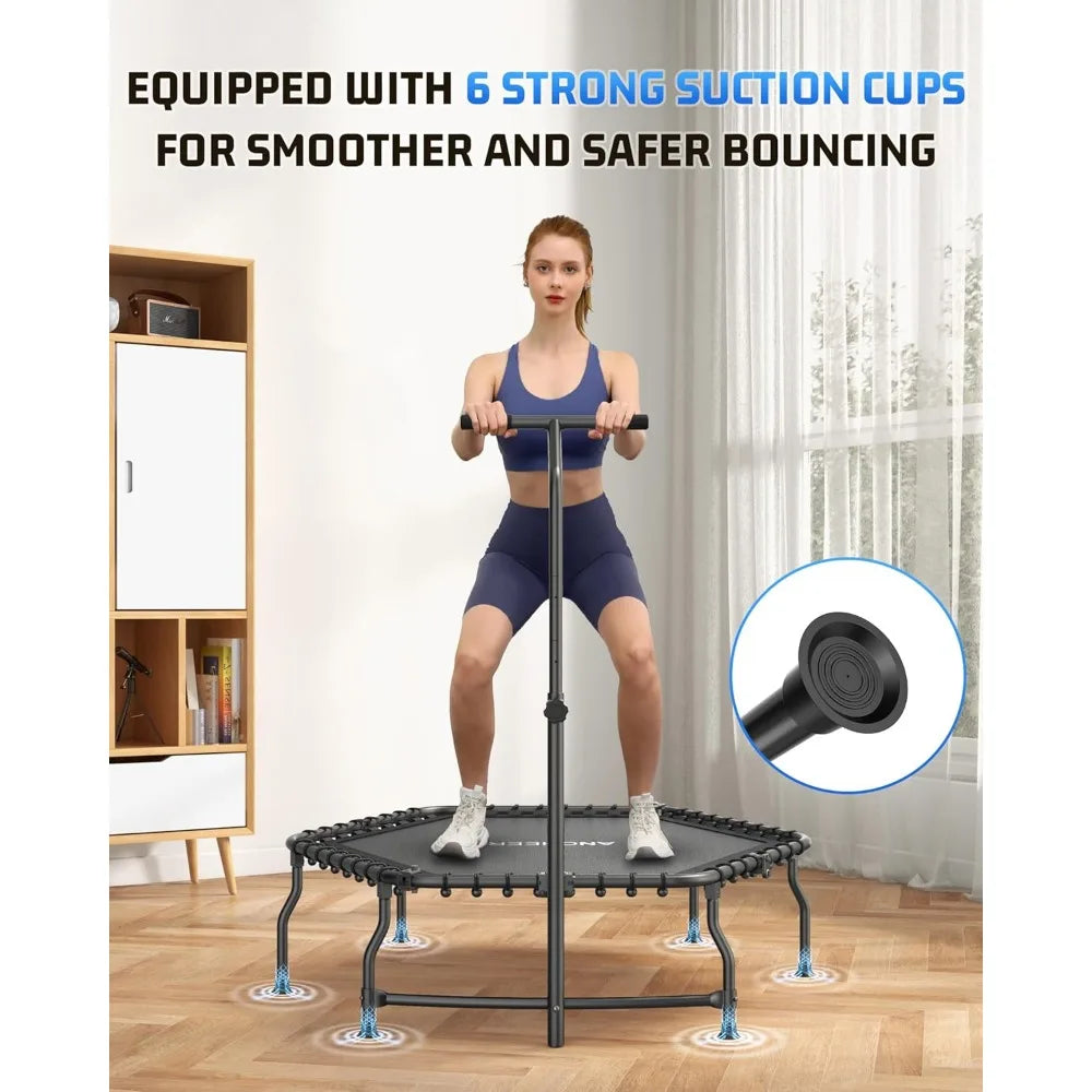 Foldable fitness trampoline for adults, bungee bounces with adjustable handles, quiet cardio workout equipment for home gyms