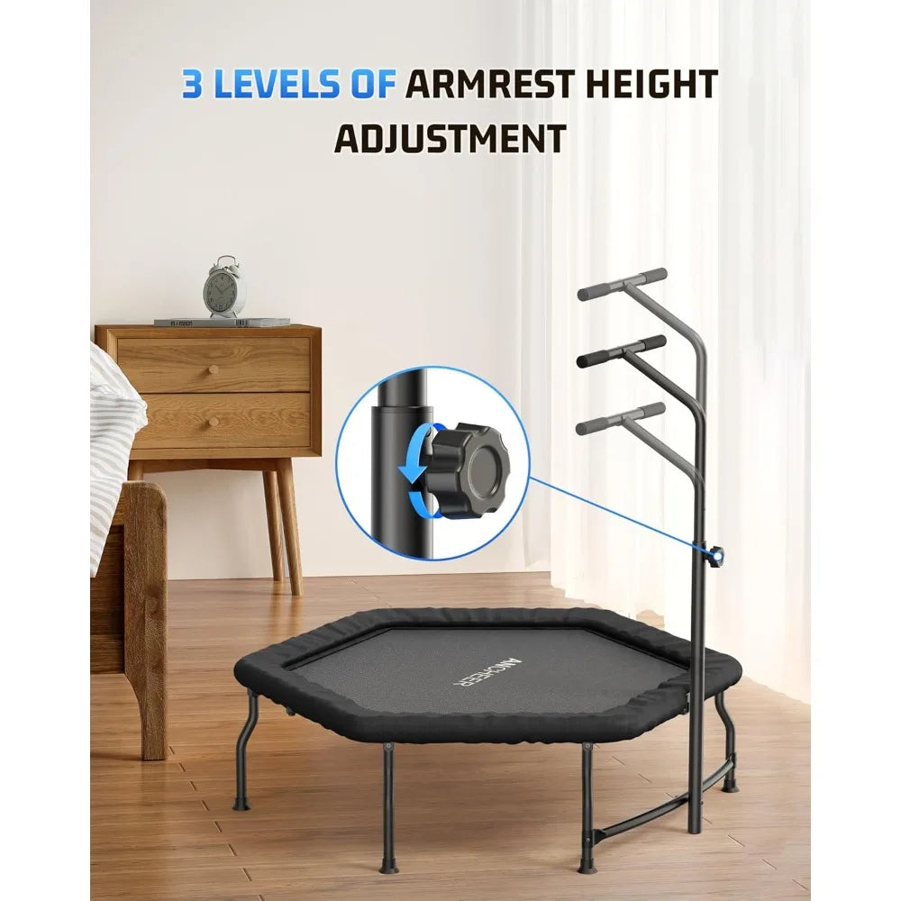 Foldable fitness trampoline for adults, bungee bounces with adjustable handles, quiet cardio workout equipment for home gyms