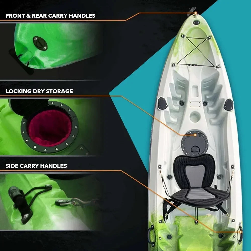 Kayak , 2 or 3 Person Sit on Top, 2 EVA Padded Seats, 2 Aluminum Paddles and Fishing Rod Holder Mounts Hard Shell Kayak
