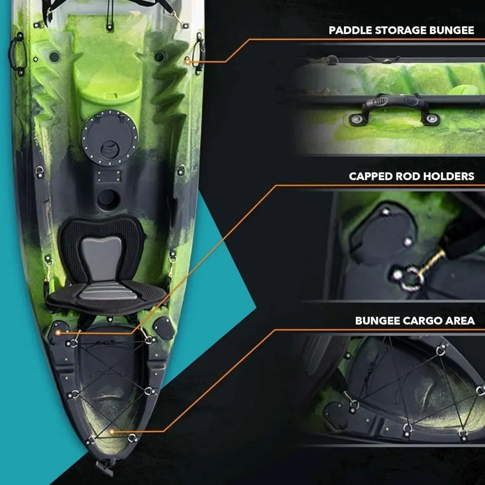Kayak , 2 or 3 Person Sit on Top, 2 EVA Padded Seats, 2 Aluminum Paddles and Fishing Rod Holder Mounts Hard Shell Kayak