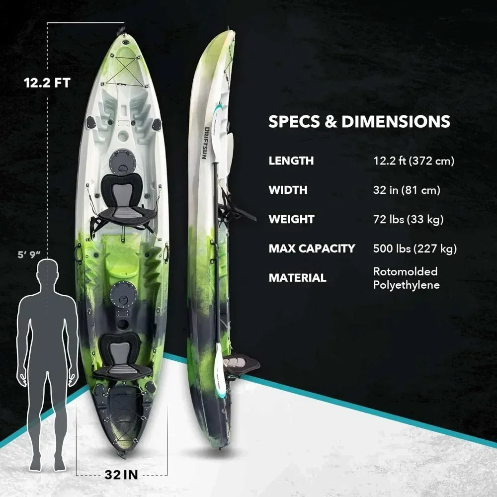 Kayak , 2 or 3 Person Sit on Top, 2 EVA Padded Seats, 2 Aluminum Paddles and Fishing Rod Holder Mounts Hard Shell Kayak