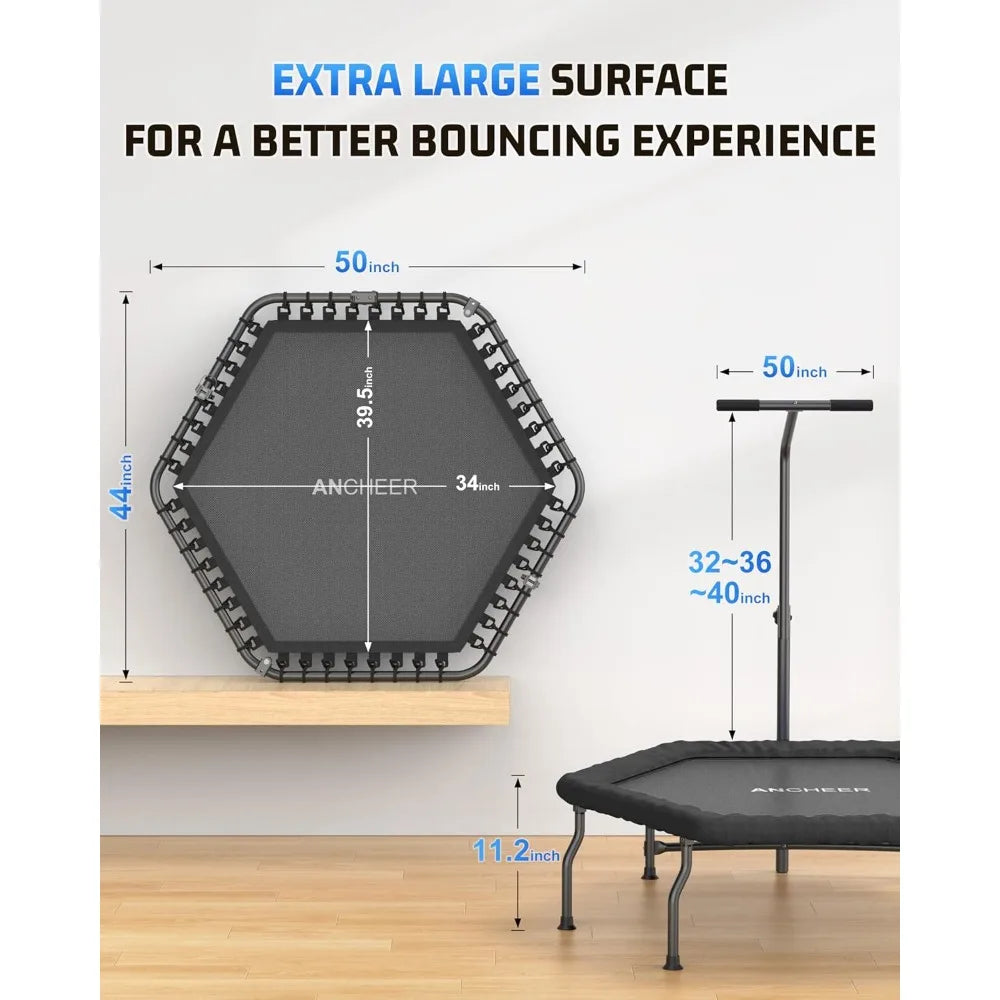 Foldable fitness trampoline for adults, bungee bounces with adjustable handles, quiet cardio workout equipment for home gyms