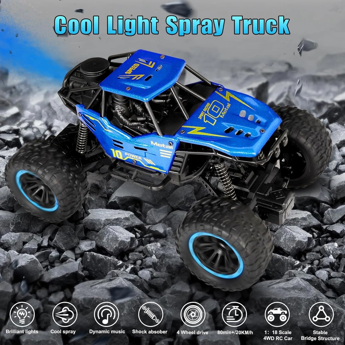 Remote Control Cars, 1:18 Scale All Terrain RC Car, with Spray LED Lights, 4WD