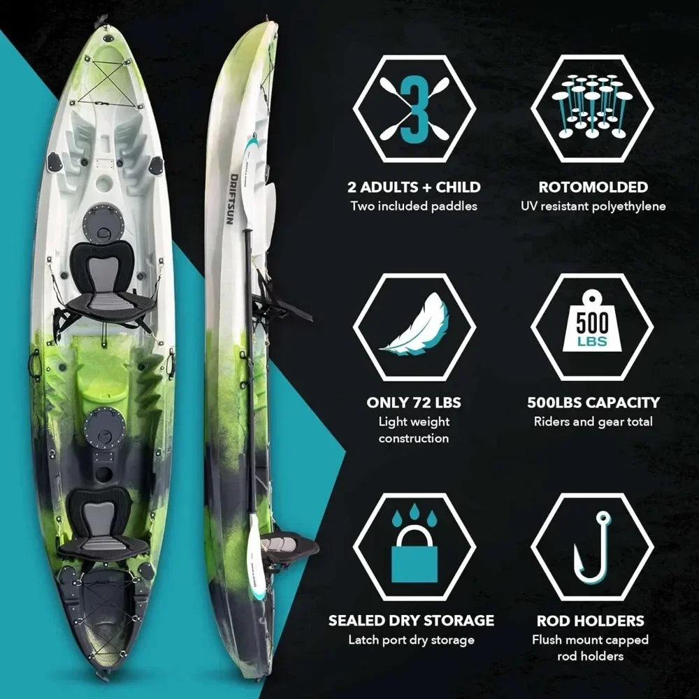 Kayak , 2 or 3 Person Sit on Top, 2 EVA Padded Seats, 2 Aluminum Paddles and Fishing Rod Holder Mounts Hard Shell Kayak