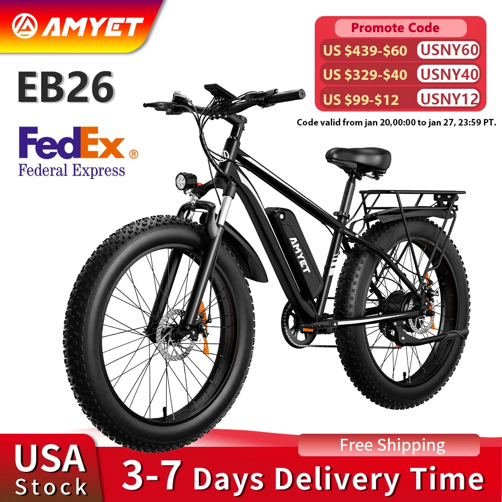 AMYET Electric Bike EB26 Adults Electric Bicycle Peak 1500W 48V 15AH e bike 26" Fat Tire Mountain Bike 31mph Electric Dirt Bike