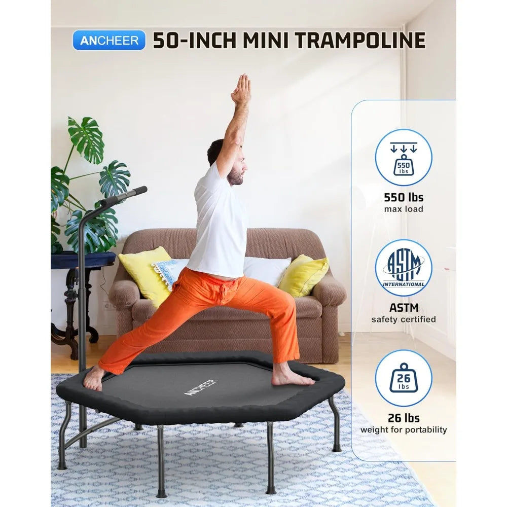 Foldable fitness trampoline for adults, bungee bounces with adjustable handles, quiet cardio workout equipment for home gyms