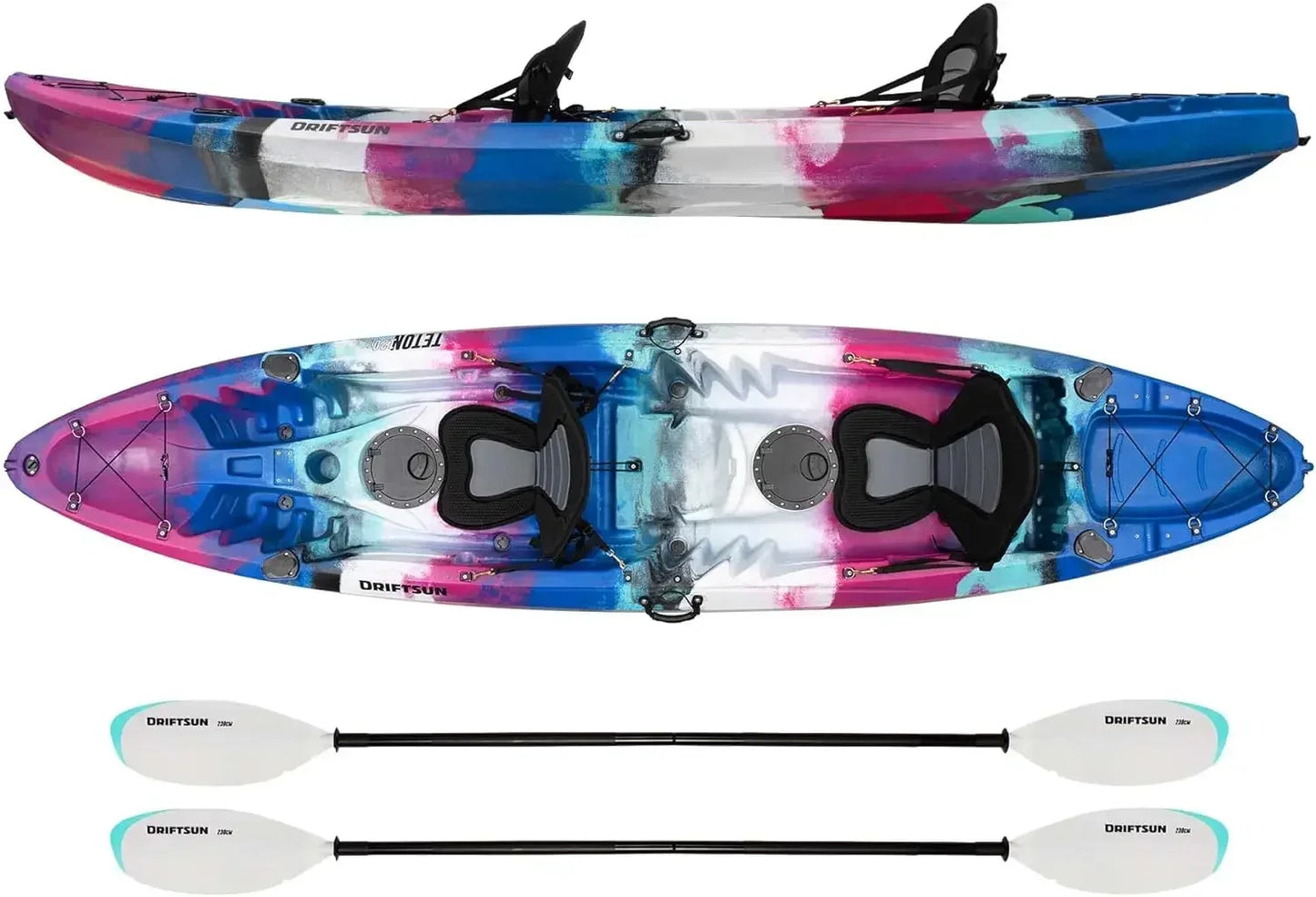 Kayak , 2 or 3 Person Sit on Top, 2 EVA Padded Seats, 2 Aluminum Paddles and Fishing Rod Holder Mounts Hard Shell Kayak