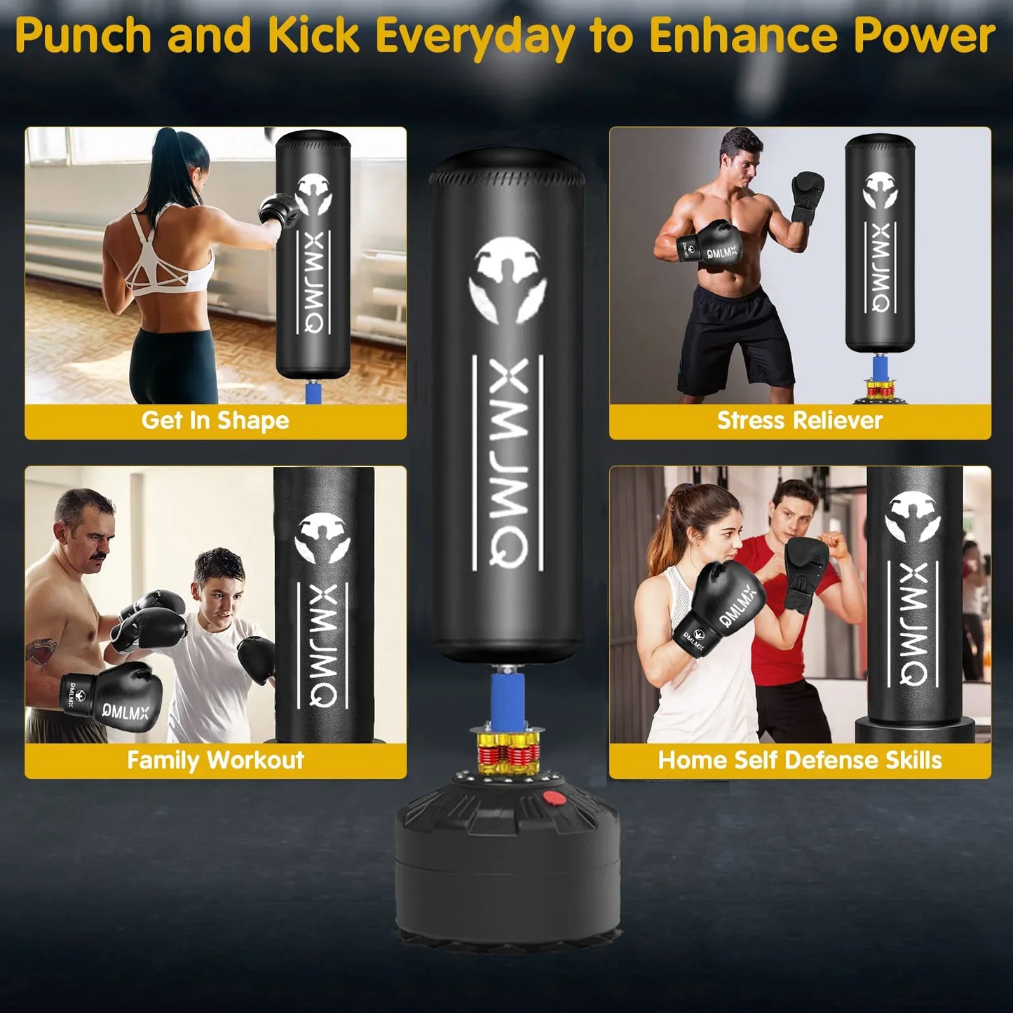 Standing boxing post with gloves, home fighting training sandbag,