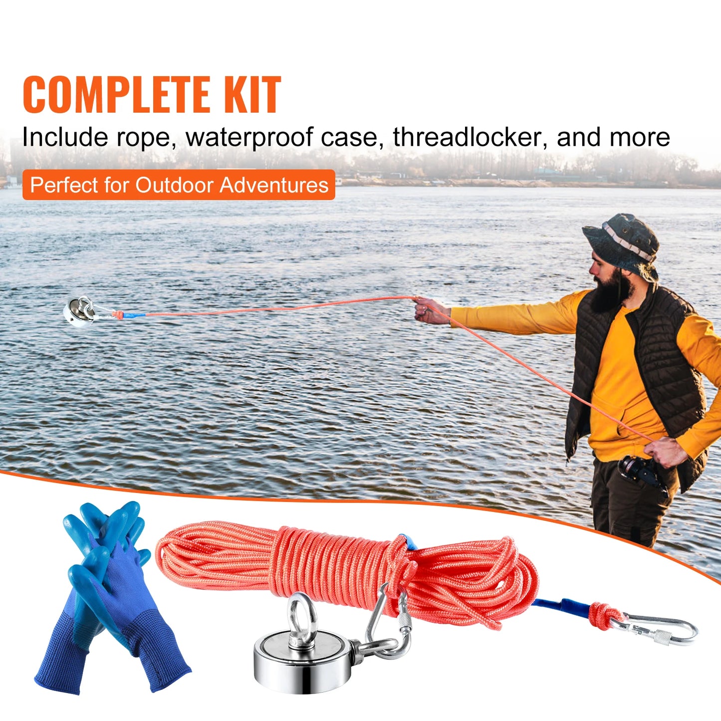 SucceBuy Magnet Fishing Kit 1200lbs Double Sided Fishing Magnet 2.95“ Diameter Strong Neodymium Magnet with Heavy Duty 65FT Rope