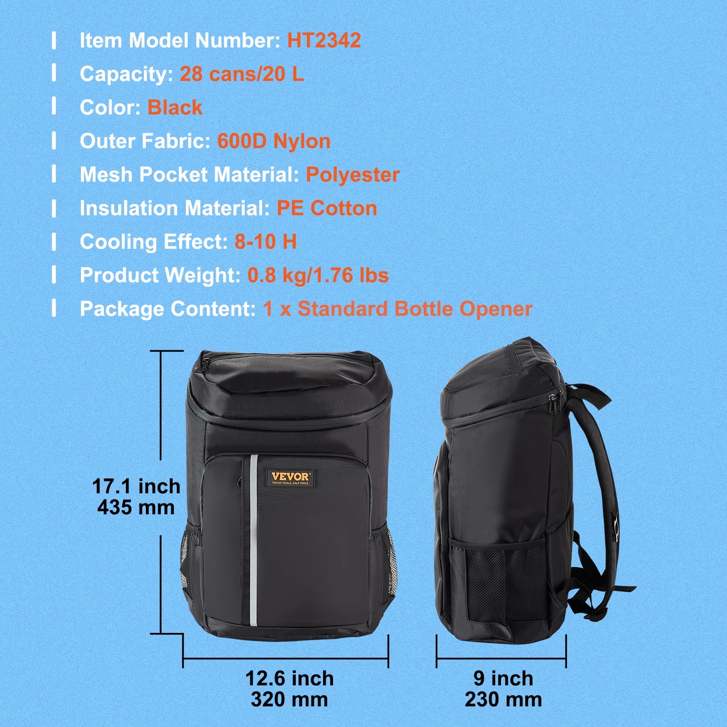 VEVOR 20L Refrigerator Bag Waterproof Cooler Backpack Large Capacity
