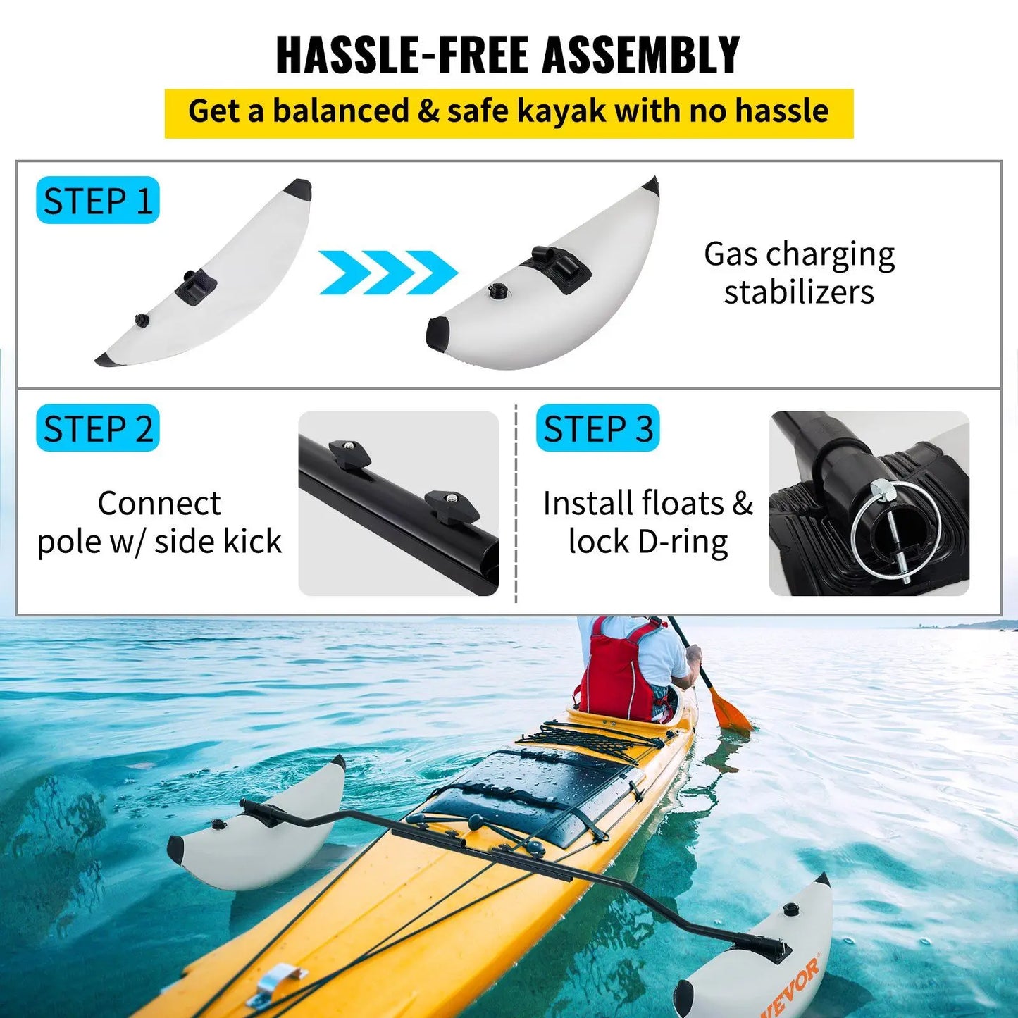 2 PCS, PVC Inflatable Outrigger Float with Sidekick Arms Rod, Canoes, Fishing Boats