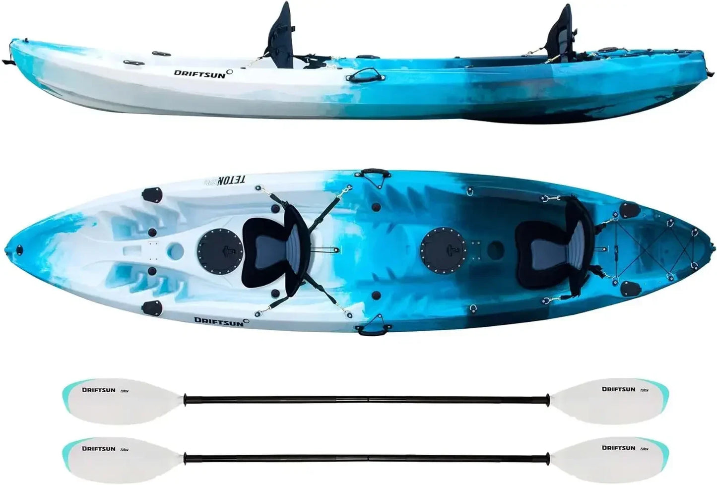 Kayak , 2 or 3 Person Sit on Top, 2 EVA Padded Seats, 2 Aluminum Paddles and Fishing Rod Holder Mounts Hard Shell Kayak