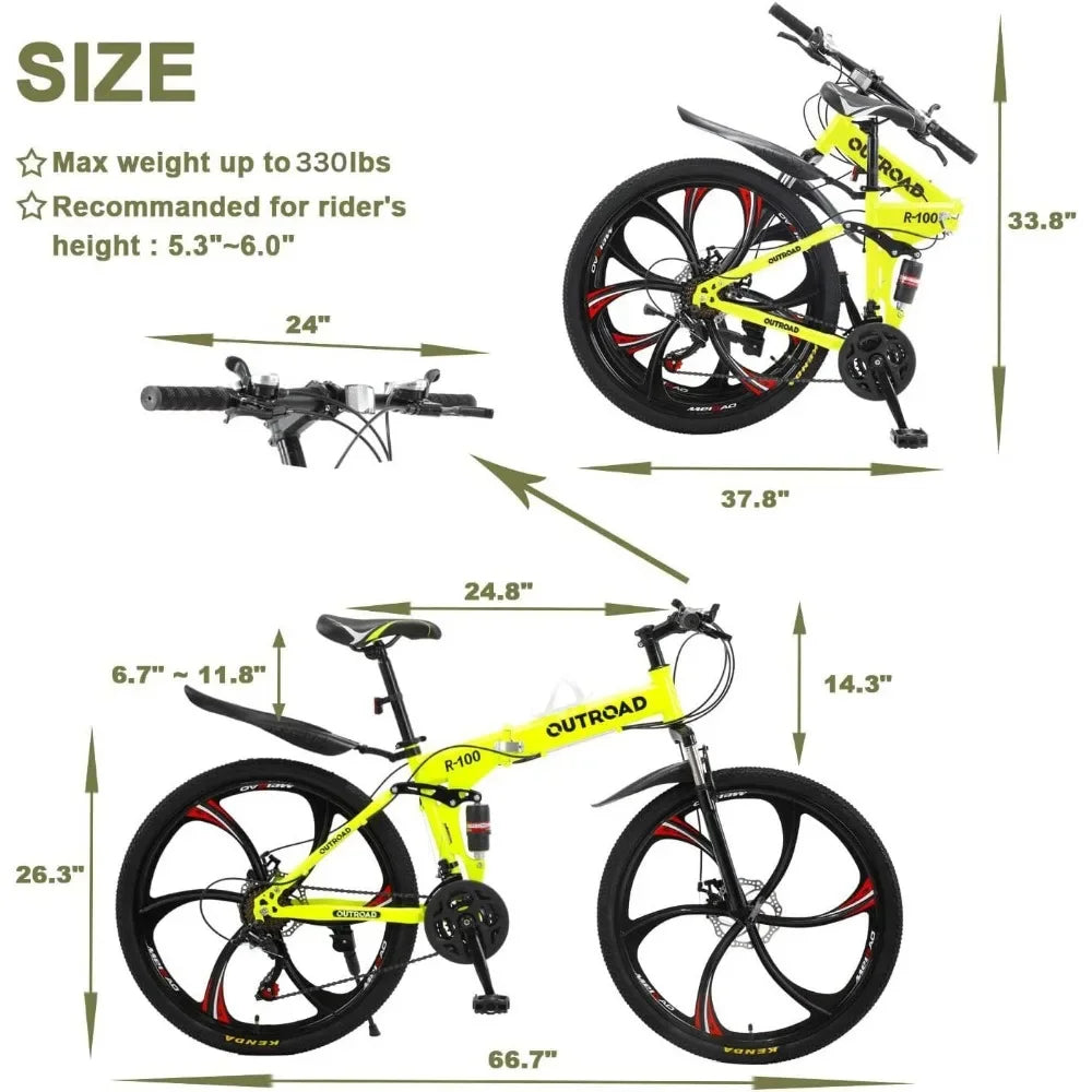 Folding Mountain Bike, 21-Speed High Carbon Steel, Adult,