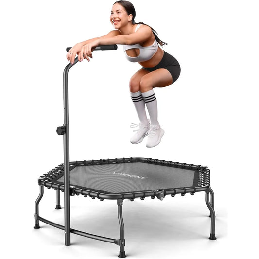 Foldable fitness trampoline for adults, bungee bounces with adjustable handles, quiet cardio workout equipment for home gyms