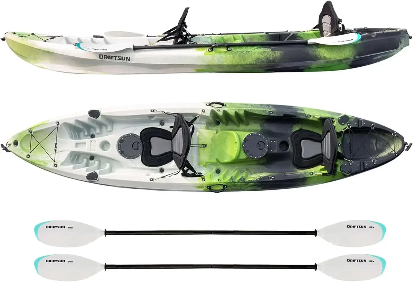 Kayak , 2 or 3 Person Sit on Top, 2 EVA Padded Seats, 2 Aluminum Paddles and Fishing Rod Holder Mounts Hard Shell Kayak