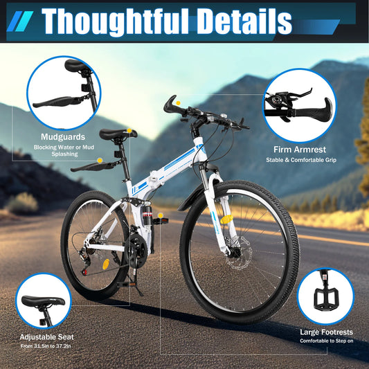 26 Inch Outdoor Mountain Bike, 21 Speed Foldable Bicycle,