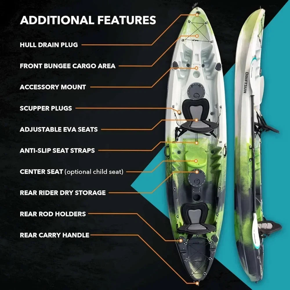 Kayak , 2 or 3 Person Sit on Top, 2 EVA Padded Seats, 2 Aluminum Paddles and Fishing Rod Holder Mounts Hard Shell Kayak