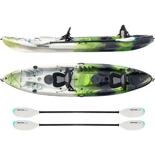 Kayak , 2 or 3 Person Sit on Top, 2 EVA Padded Seats, 2 Aluminum Paddles and Fishing Rod Holder Mounts Hard Shell Kayak
